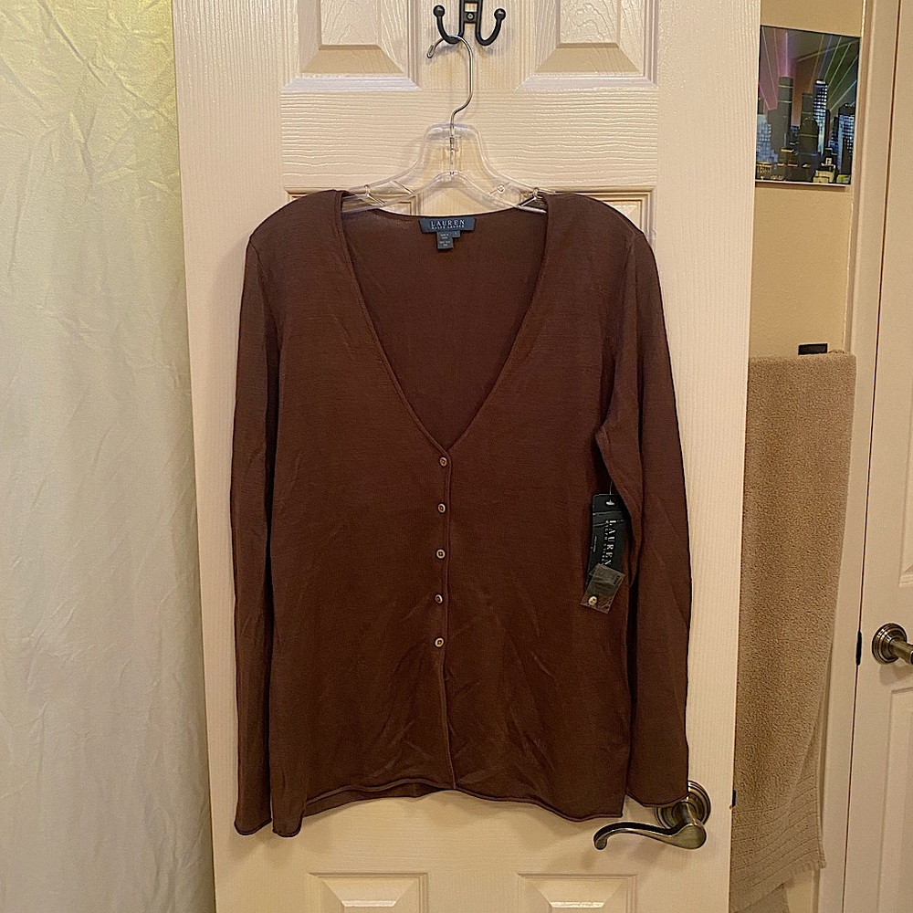 Lauren Ralph Lauren Brown Cardigan Sweater w/ Low V Neck